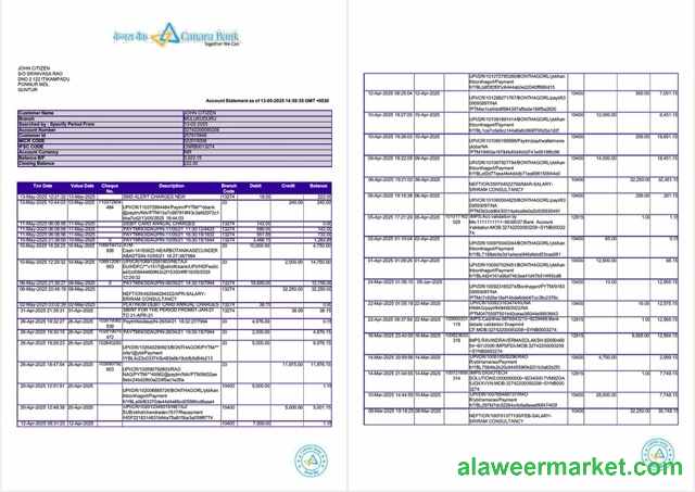 India Canara Bank account statement Word and PDF template, 2 pages